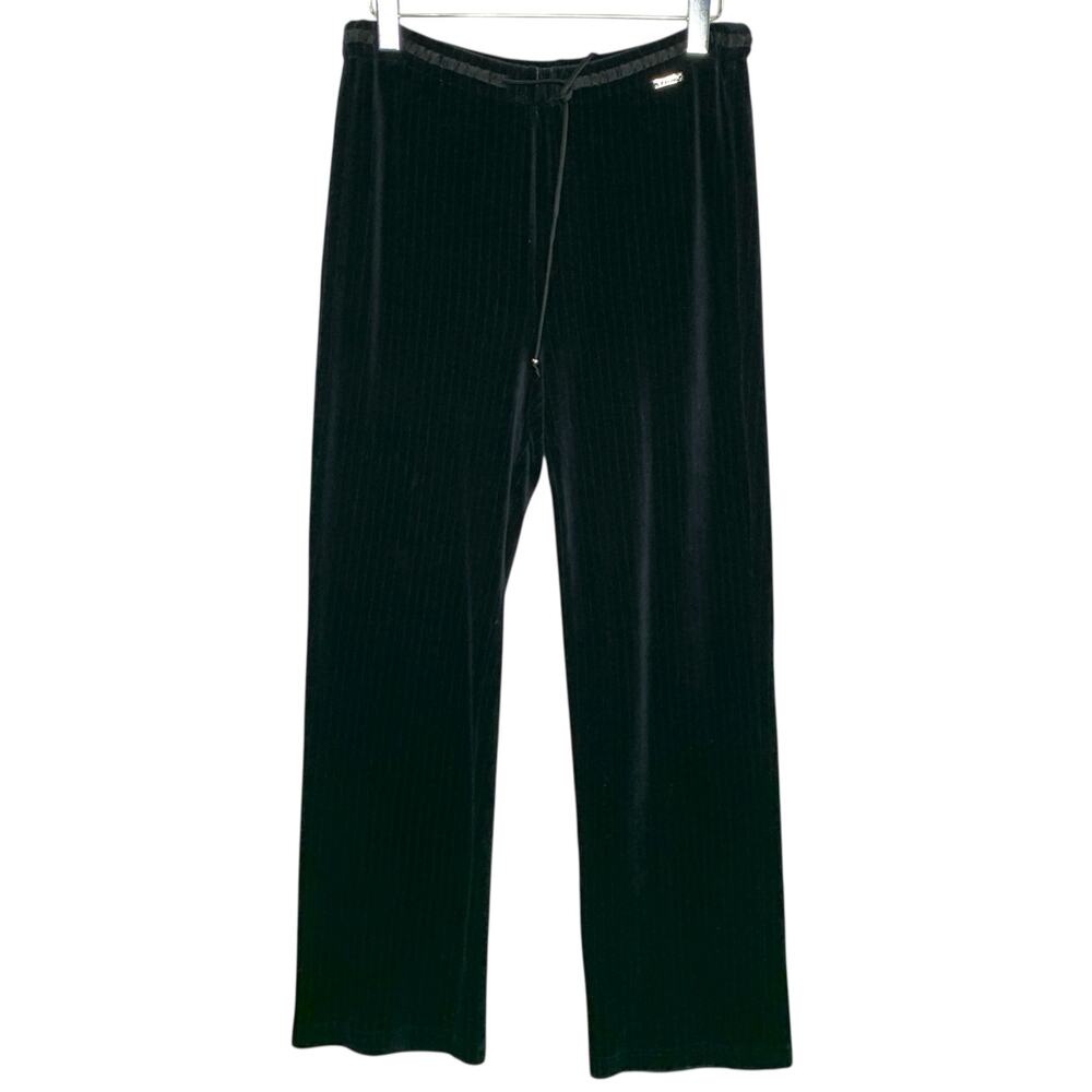 St. John Sport M Black Velour Wide Leg High Rise Pants Pinstripe Country Club